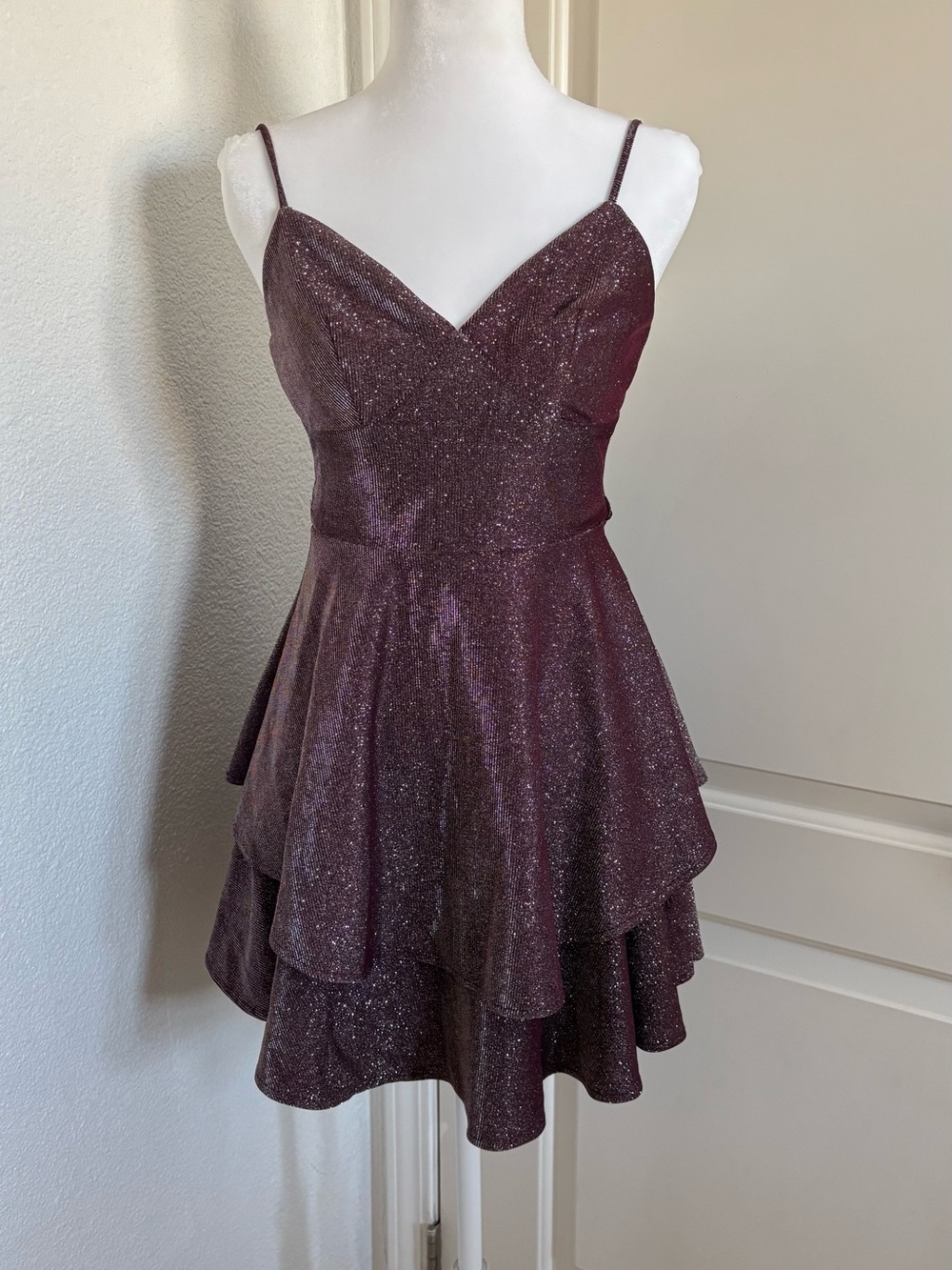 B Darlin Sparkle Tiered Mini Dress in Plum